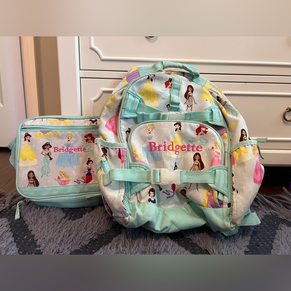 Pottery Barn Kids Disney Princess Backpack & LunchBox embroidered Bridgette